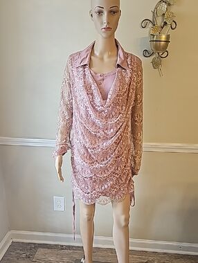 Monoreno Pink Lace Cowl Neck Dress with Shirt Collar